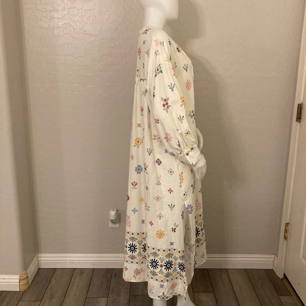 ZARA Oversized Linen Blend Floral Print MIDI  Kaftan Dress White Large - Picture 9 of 13